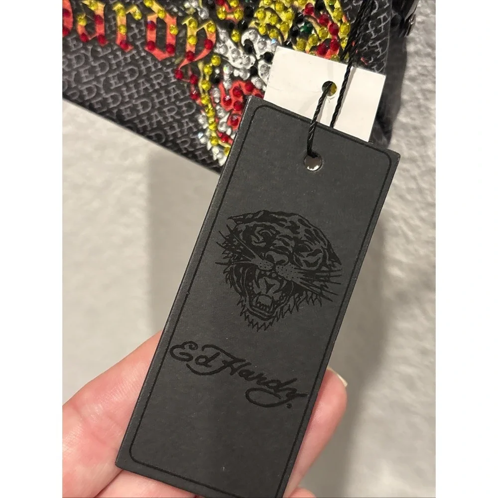 NWT ED HARDY BLACK COIN FAUX LEATHER/BAG/KISSLOCK Y2K With Throw Chain Wallet